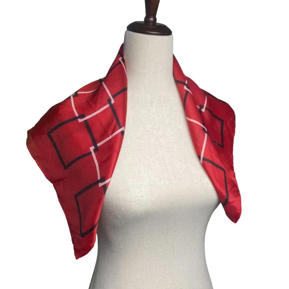 Rare Red Interlocking White Black Squares Acetate Made in Japan Square Scarf 23”